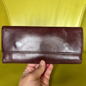 HOBO International Brown Leather Trifold Wallet Floral Lining Organizer